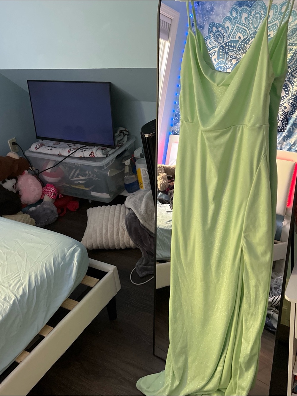 Windsor Light Green Satin Cowl Neck Slip Dress with Thigh Slit - Picture 1 of 1